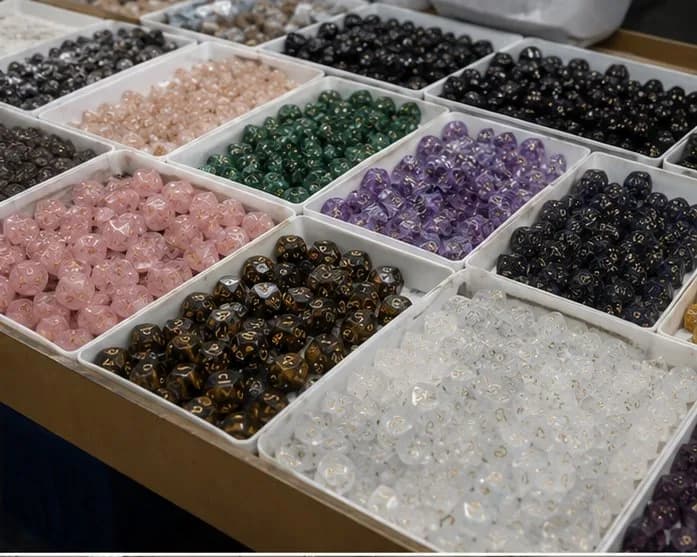 Finished gemstone dice sorted into trays by natural stone material